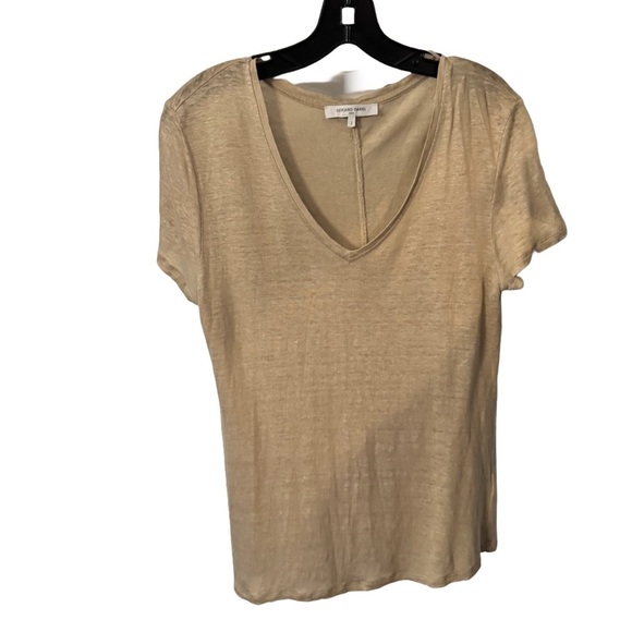 Gerard Darel Paris Shirt Womens Size 2 Tan Tee Shirt  V-neck Designer 100% Linen - Picture 1 of 10